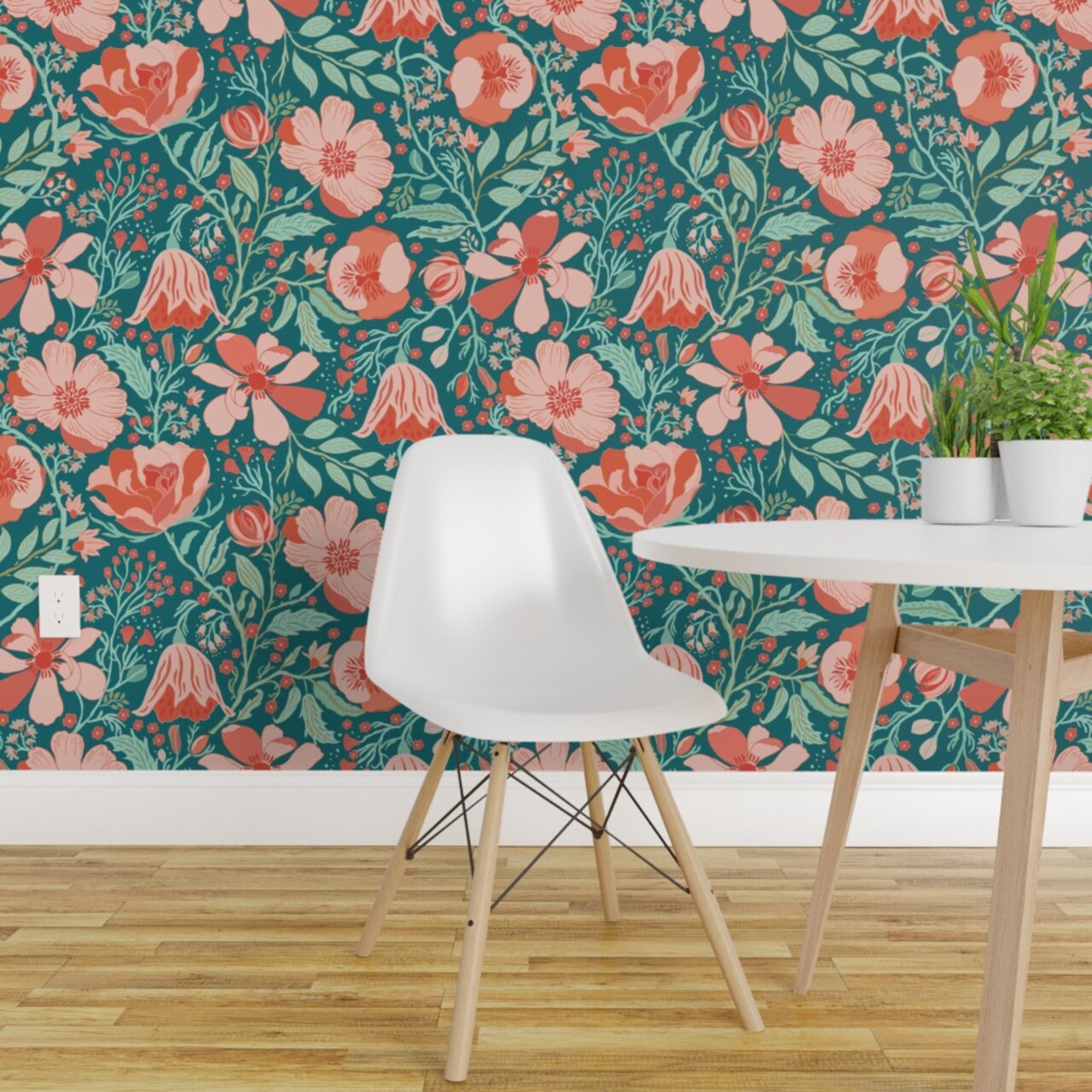 Peel &#x26; Stick Wallpaper 2FT Wide Coral Chintz Blue Green Pink Jumbo Scale Magnolia Flower Botanical Garden Custom Removable Wallpaper by Spoonflower